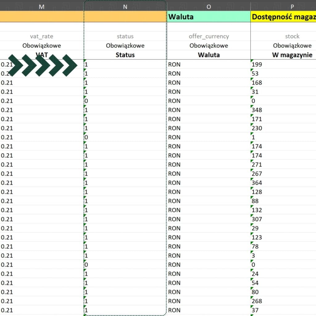 modificarea atributului status în excel pentru eMAG Marketplace ghid Harta.agency