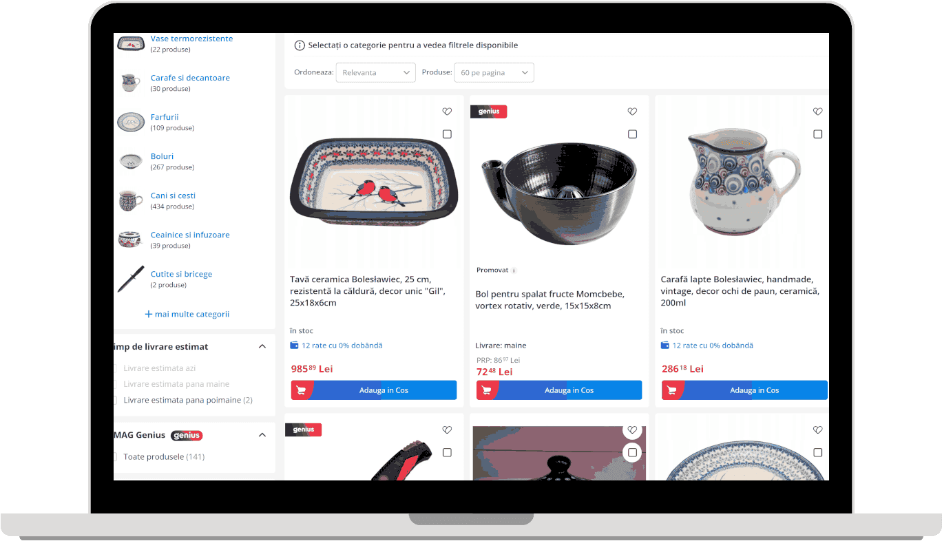eMAG.ro category listing on a laptop screen - competitor products with prices and reviews, source material for the market analysis