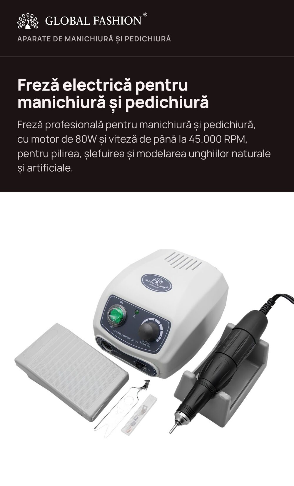 Global Fashion eMAG product page: GF-119 nail drill, opening section