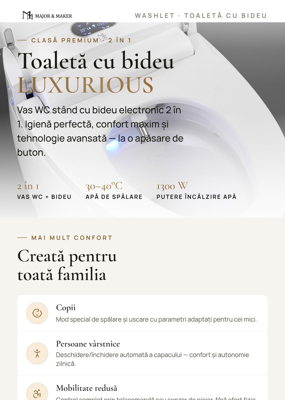 A+ product page on eMAG prepared by HARTA.agency for the Major & Maker brand - smart toilet with bidet - sekcja 1