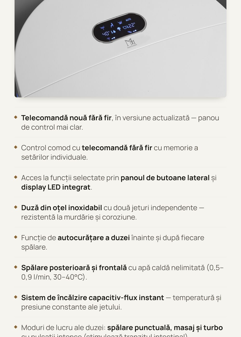 A+ product page on eMAG prepared by HARTA.agency for the Major & Maker brand - smart toilet with bidet - sekcja 4